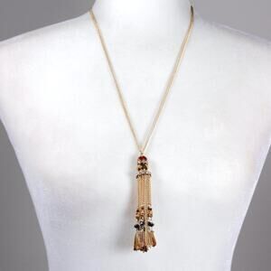 Ali-Khan New York Signed Gold Tone Chain Tassel Beaded Pendant Necklace